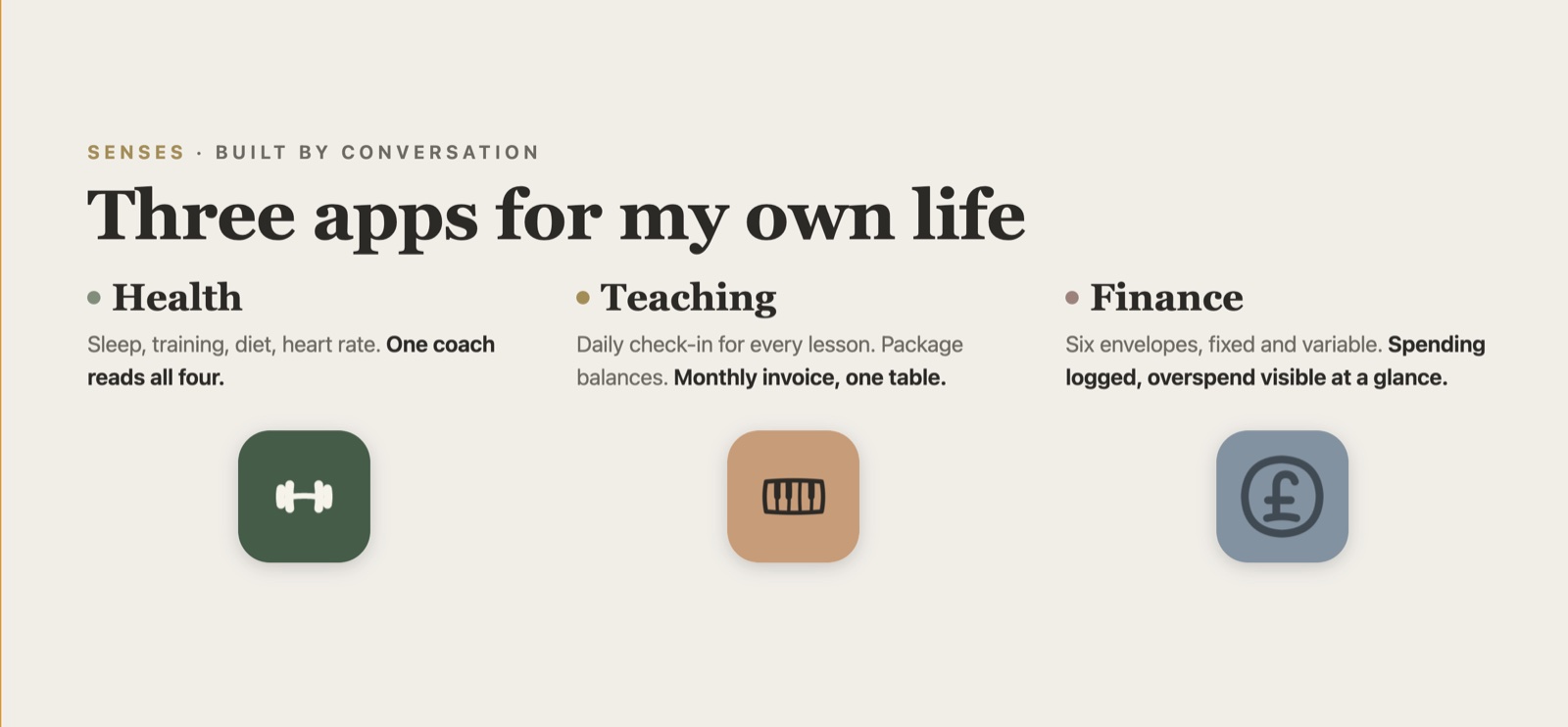 The three apps: Health, Teaching and Finance