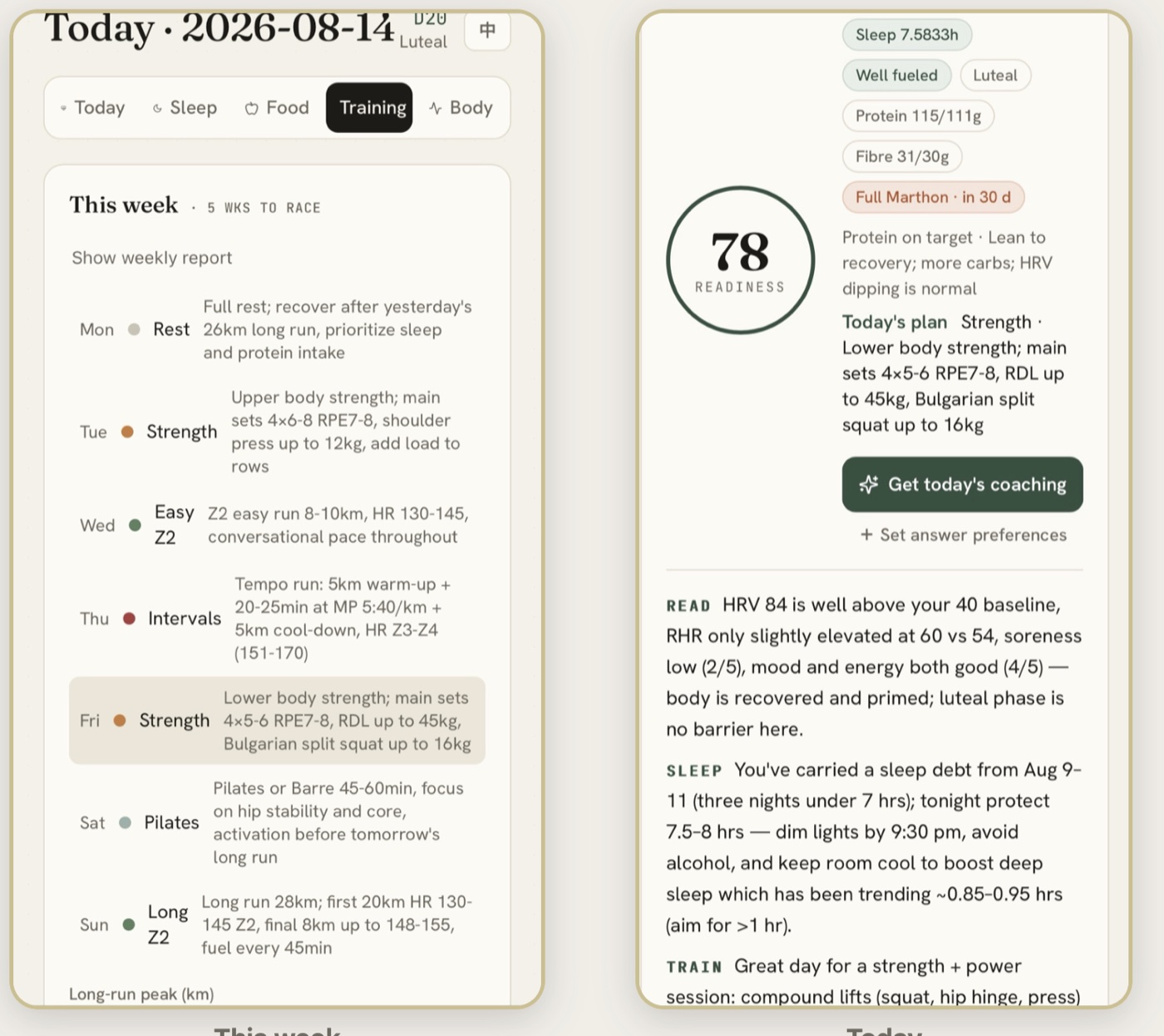 The health app showing training and recovery
